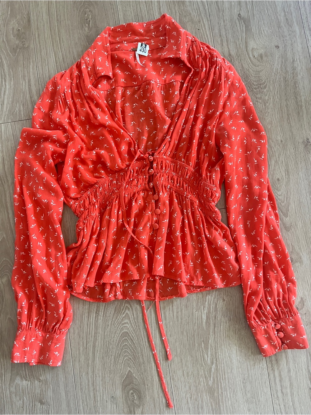Free People Red Printed Button-Front Smocked Waist Blouse
